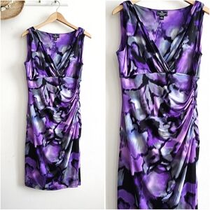 American Living Purple Blue Abstract Bodycon Dress | Stretch V-Neck | Size 14